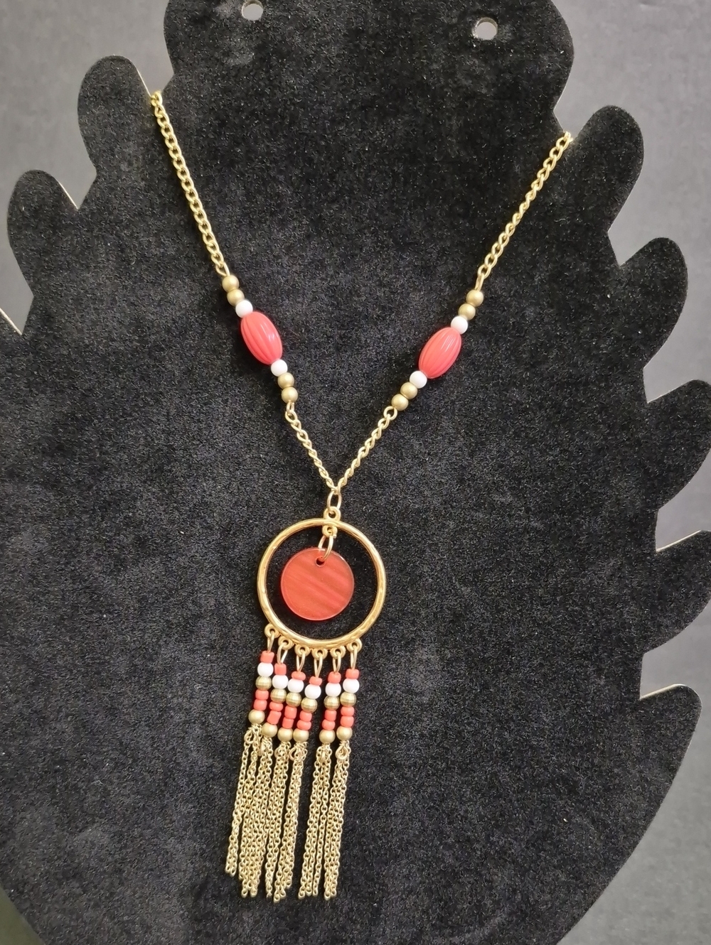 Gold-Tone Coral Bead Fringe Pendant Necklace